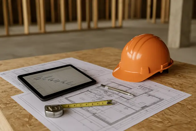 Orange hard hat, tablet, and blueprints on a table at a construction site.